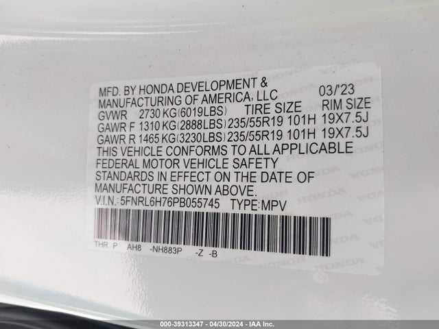 Honda Odyssey Sport 2023 5FNRL6H76PB055745 Image 9