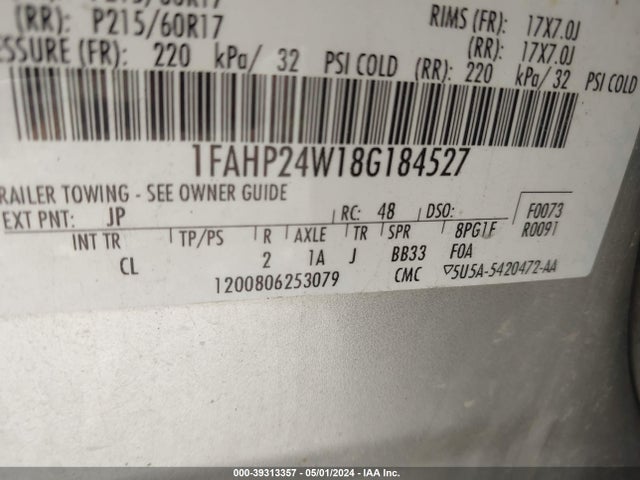 2008 Ford Taurus Sel მანქანა იყიდება აუქციონზე, vin: 1FAHP24W18G184527, აუქციონის ნომერი: 39313357