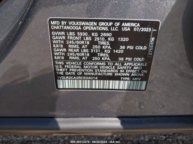 1V2LR2CA2RC504014 Volkswagen Atlas 2.0t Se