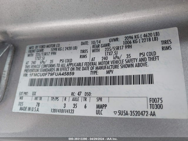 Ford ESCAPE S 2015 1FMCU0F79FUA45859 Image 9