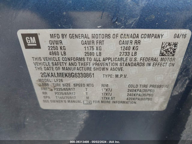 GMC Terrain Sle-1 2016 2GKALMEK8G6330861 Image 9