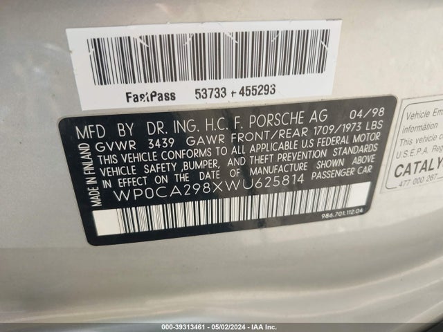 1998 PORSCHE BOXSTER WP0CA298XWU625814 Photo 8