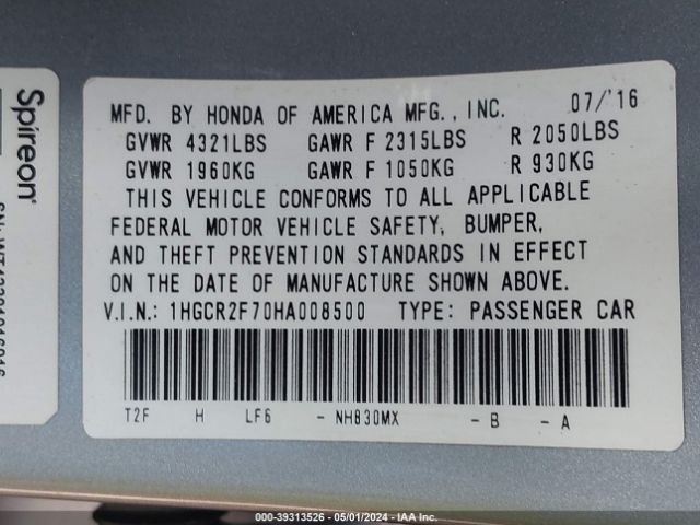 1HGCR2F70HA008500 Honda ACCORD EX