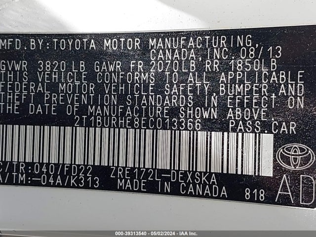 Toyota Corolla S Plus 2014 2T1BURHE8EC013366 Image 9