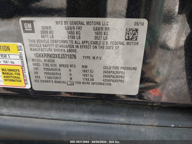 GMC Acadia Slt-1 2014 1GKKRRKDXEJ371076 Image 9