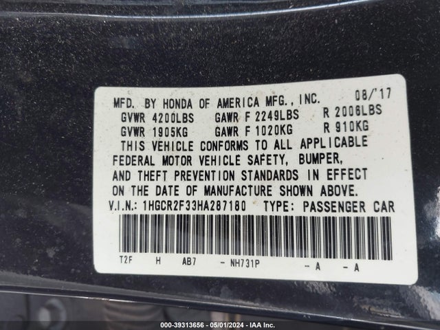 Honda ACCORD LX 2017 1HGCR2F33HA287180 Image 9