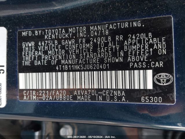 4T1B11HK5JU620401 Toyota CAMRY LE