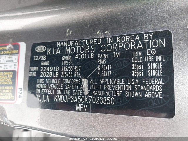KIA SOUL + 2019 KNDJP3A50K7023350 Image 9