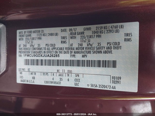 Ford ESCAPE SE 2018 1FMCU9GDXJUA26285 Image 9