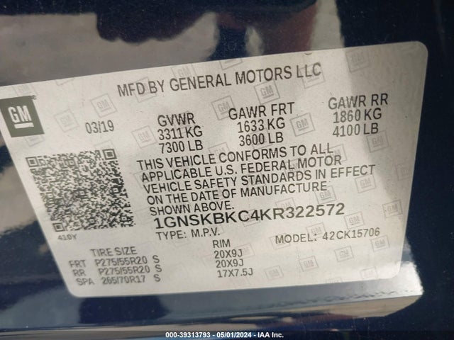 Chevrolet Tahoe Lt 2019 1GNSKBKC4KR322572 Image 9