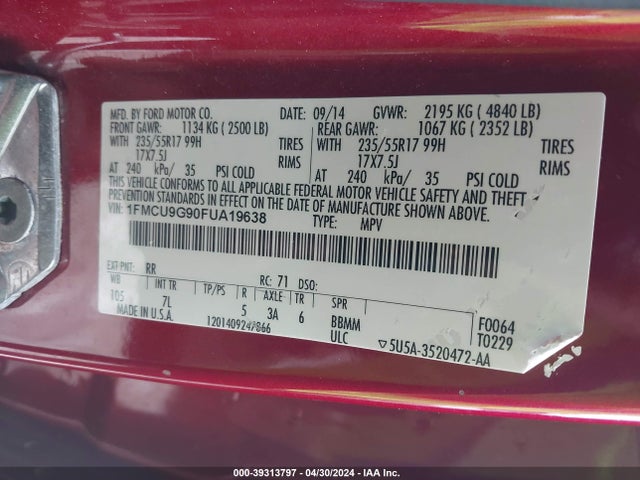 Ford ESCAPE SE 2015 1FMCU9G90FUA19638 Image 9