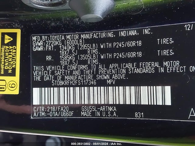 Toyota Highlander Le Plus V6 2015 5TDBKRFH2FS117346 Image 9