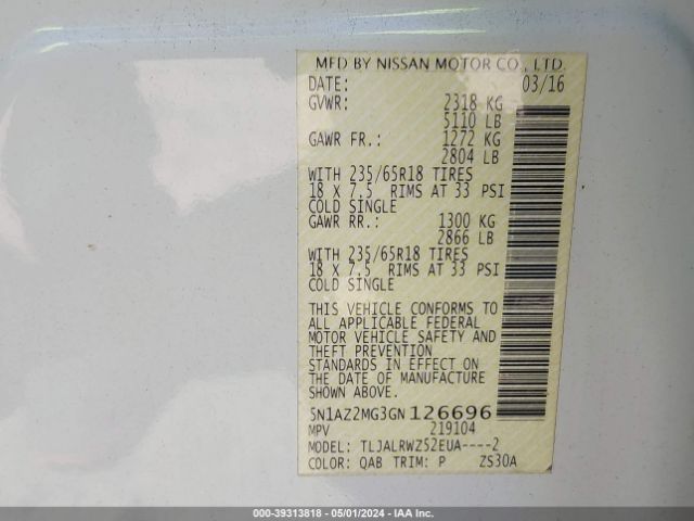 5N1AZ2MG3GN126696 Nissan MURANO SL