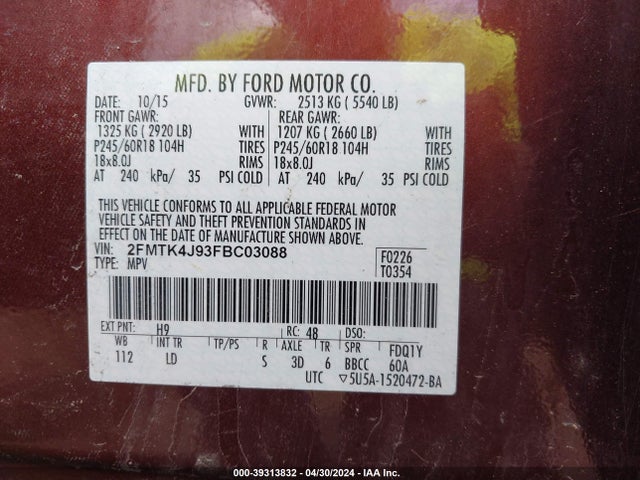 Ford EDGE SEL 2015 2FMTK4J93FBC03088 Image 9