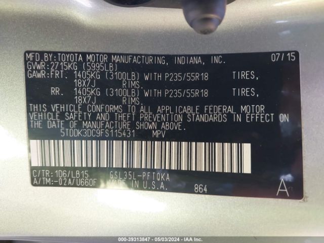 5TDDK3DC9FS115431 Toyota Sienna Limited Premium 7 Passenger