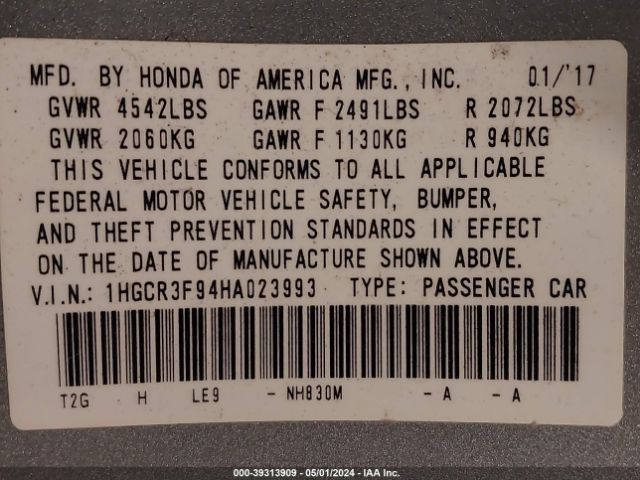 1HGCR3F94HA023993 Honda Accord Touring V6