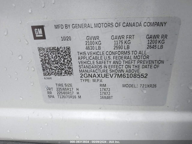 Chevrolet Equinox Awd Lt 2021 2GNAXUEV7M6108552 Image 9