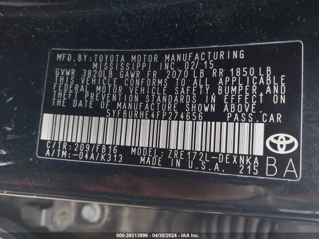 Toyota COROLLA LE 2015 5YFBURHE4FP274656 Image 9