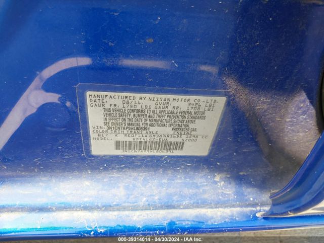 3N1CN7AP9HL806391 Nissan Versa 1.6 Sl