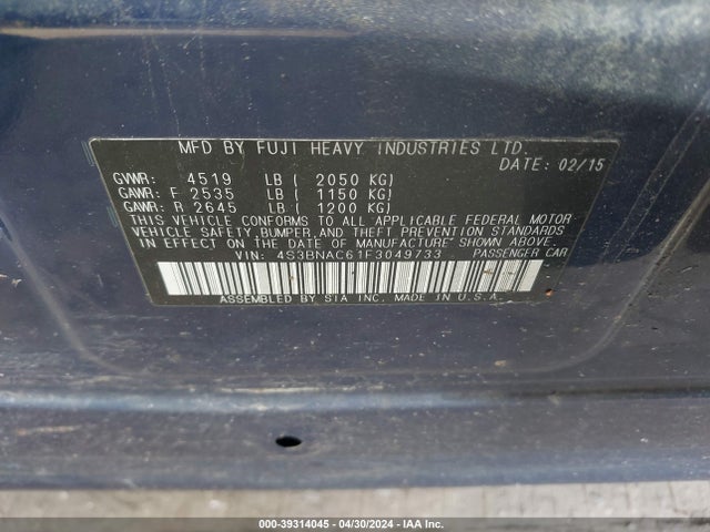 Subaru Legacy 2.5i Premium 2015 4S3BNAC61F3049733 Image 9