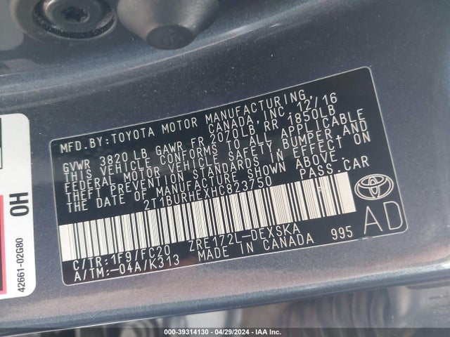 Toyota COROLLA SE 2017 2T1BURHEXHC823750 Image 9