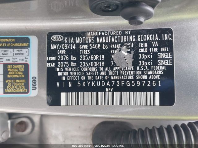 5XYKUDA73FG597261 KIA Sorento Ex V6