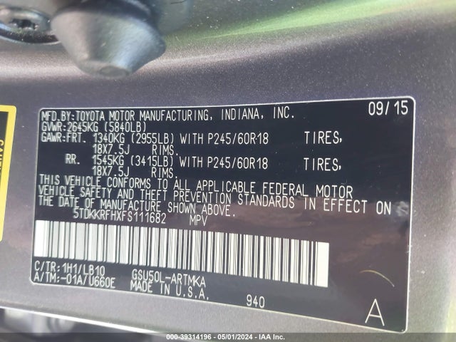 Toyota Highlander Xle V6 2015 5TDKKRFHXFS111682 Image 9