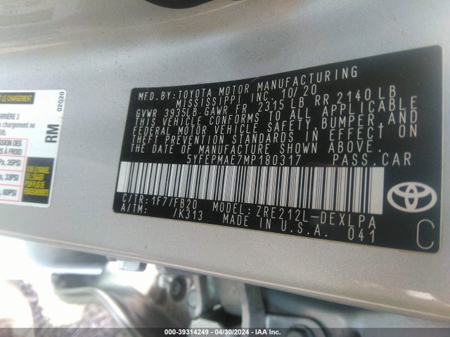 Toyota COROLLA LE 2021 5YFEPMAE7MP180317 Image 9