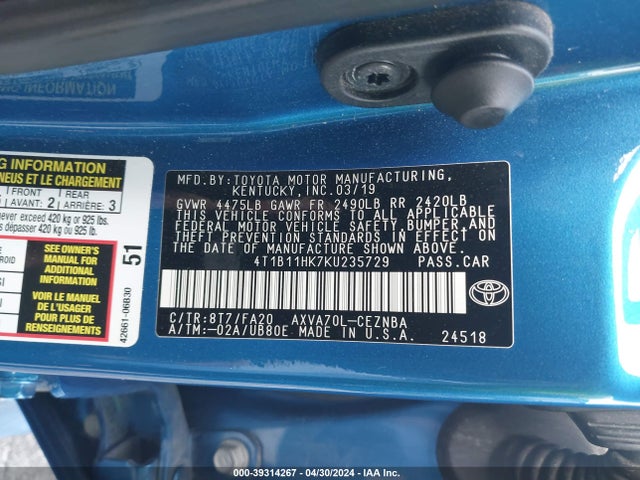 Toyota CAMRY LE 2019 4T1B11HK7KU235729 Image 9