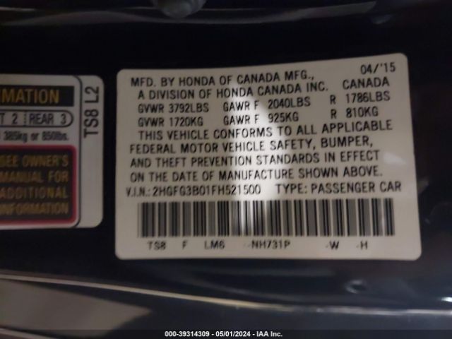 2HGFG3B01FH521500 Honda Civic Ex-l