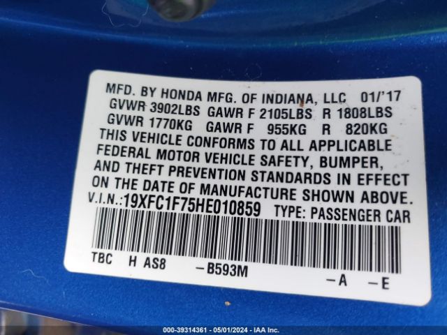 19XFC1F75HE010859 Honda Civic Ex-l