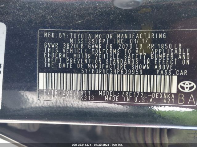 5YFBURHE3HP639959 Toyota COROLLA LE