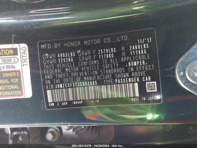 JHMZC5F37JC002985 Honda Clarity Plug-in Hybrid Touring