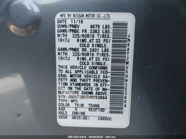 Nissan Rogue Sl 2017 JN8AT2MV5HW253664 Image 9