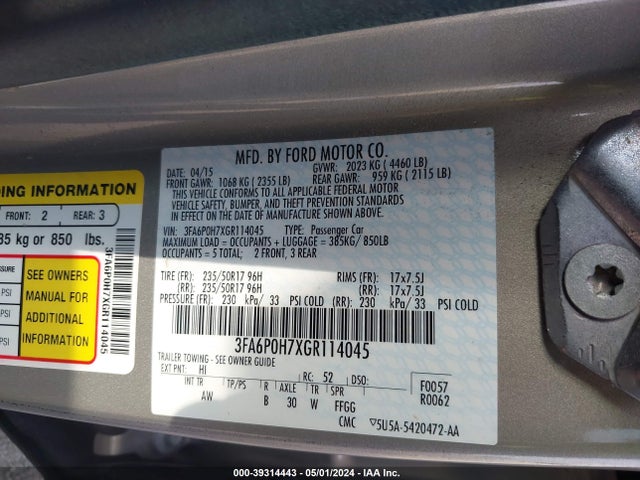 Ford FUSION SE 2016 3FA6P0H7XGR114045 Image 9