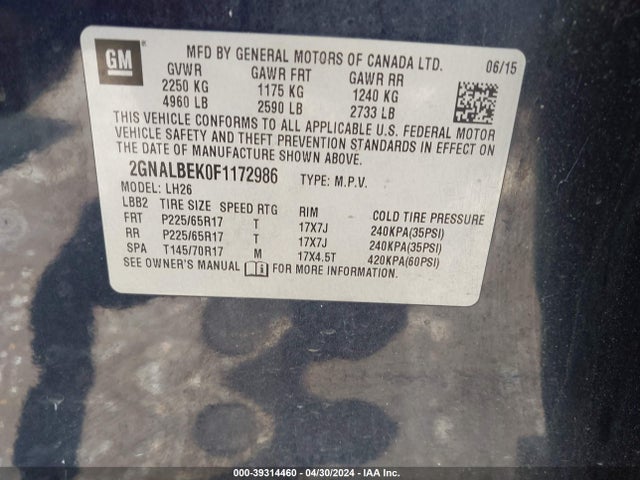 Chevrolet EQUINOX 1LT 2015 2GNALBEK0F1172986 Image 9