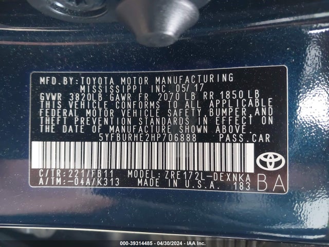 Toyota COROLLA LE 2017 5YFBURHE2HP706888 Image 9