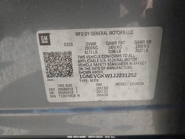 Chevrolet Traverse 1lt 2018 1GNEVGKW1JJ231252 Image 9