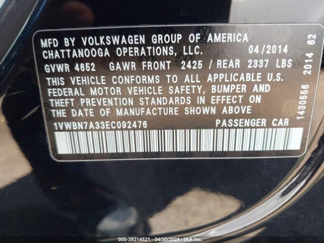1VWBN7A33EC092476 Volkswagen Passat 2.0l Tdi Se
