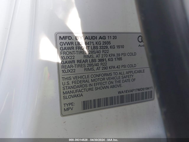 WA1EVAF17MD019411 Audi Q8 Premium Plus 55 Tfsi Quattro Tiptronic