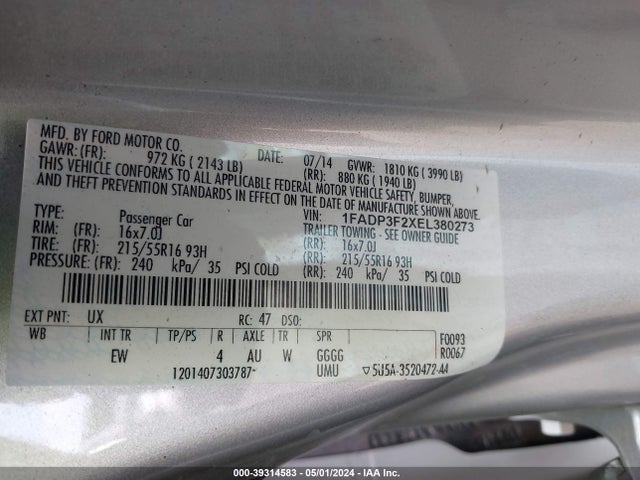 Ford FOCUS SE 2014 1FADP3F2XEL380273 Image 9