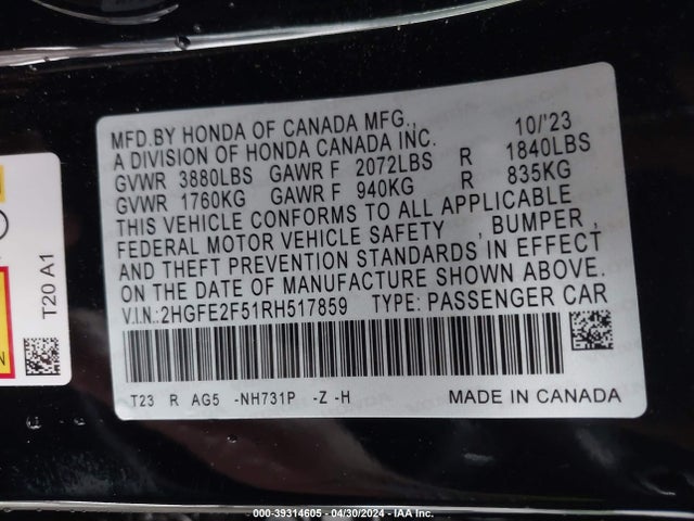 Honda Civic Sport 2024 2HGFE2F51RH517859 Image 9