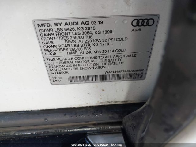 WA1LHAF74KD038482 Audi Q7 45 Premium/45 Se Premium