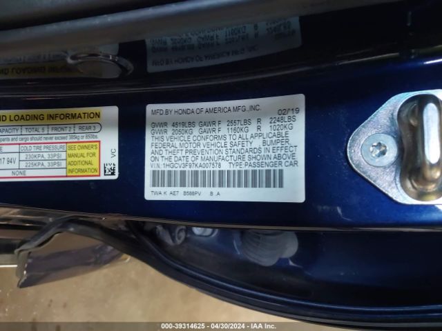 1HGCV3F97KA007578 Honda Accord Hybrid Touring