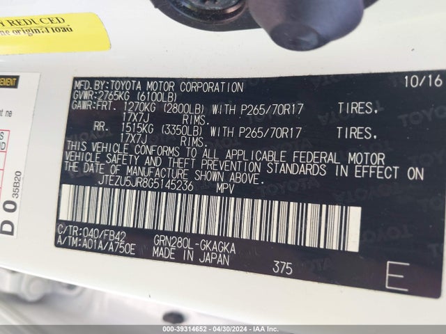 Toyota 4RUNNER SR5 2016 JTEZU5JR8G5145236 Image 9