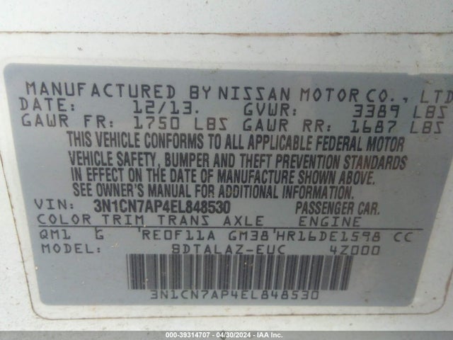 Nissan Versa 1.6 S+ 2014 3N1CN7AP4EL848530 Image 9