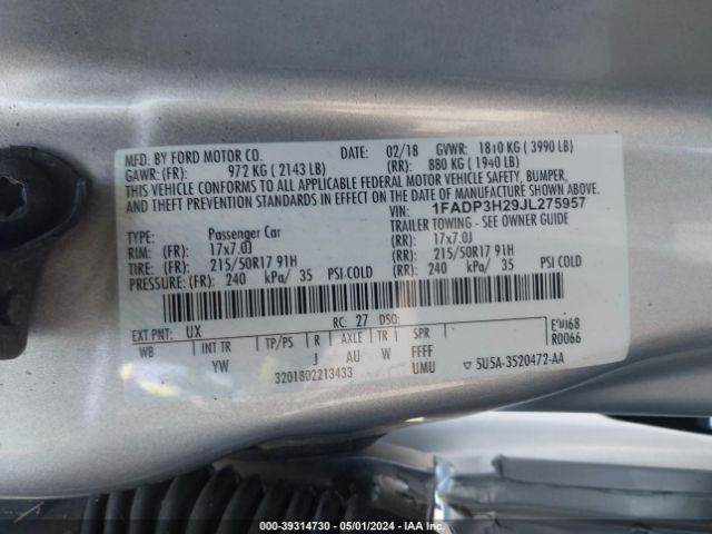 1FADP3H29JL275957 Ford FOCUS SEL
