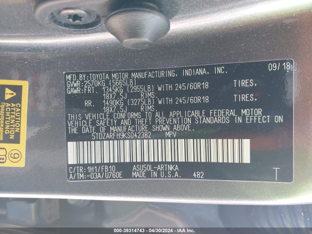 Toyota Highlander Le 2019 5TDZARFH9KS042382 Image 9