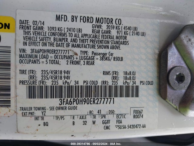 Ford FUSION SE 2014 3FA6P0H90ER277771 Image 9