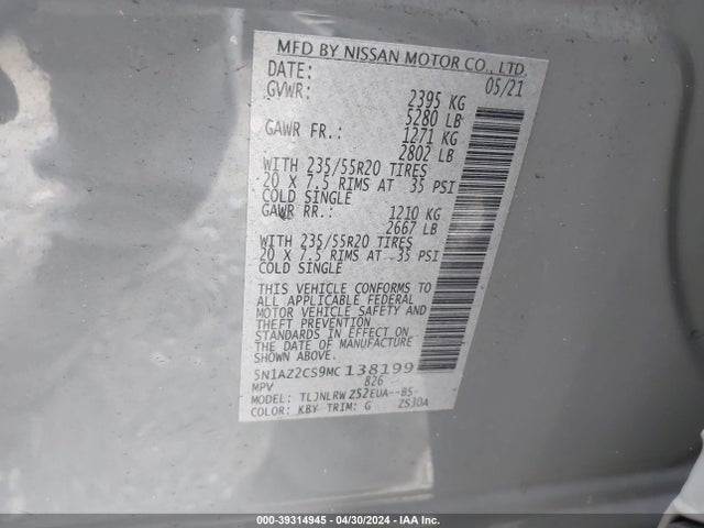 Nissan Murano Sl Intelligent Awd 2021 5N1AZ2CS9MC138199 Image 9